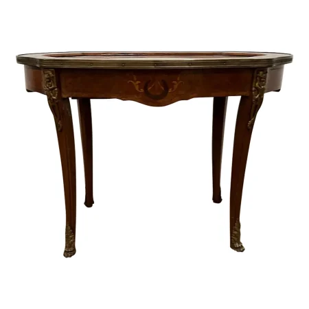 1930s Vintage French Inlaid Coffee Table With Marble Top