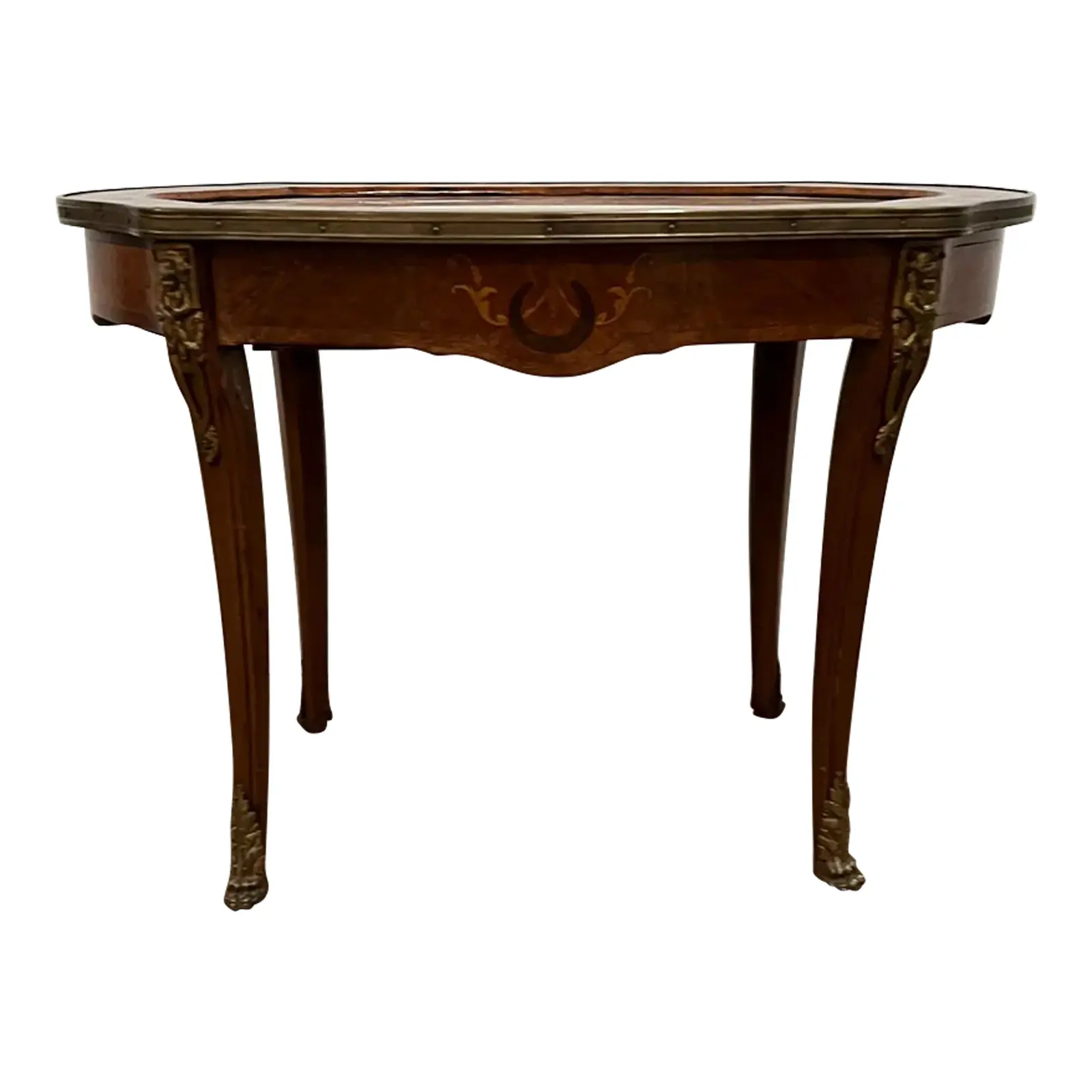 1930s Vintage French Inlaid Coffee Table With Marble Top