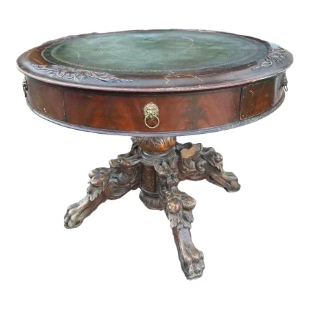 Victorian Carved Mahogany and Oak Center Table With Leather Top