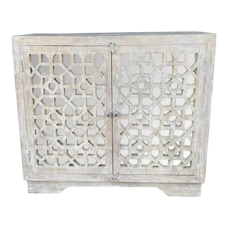 Coastal Boho Carved Glass Door Whitewashed Cabinet