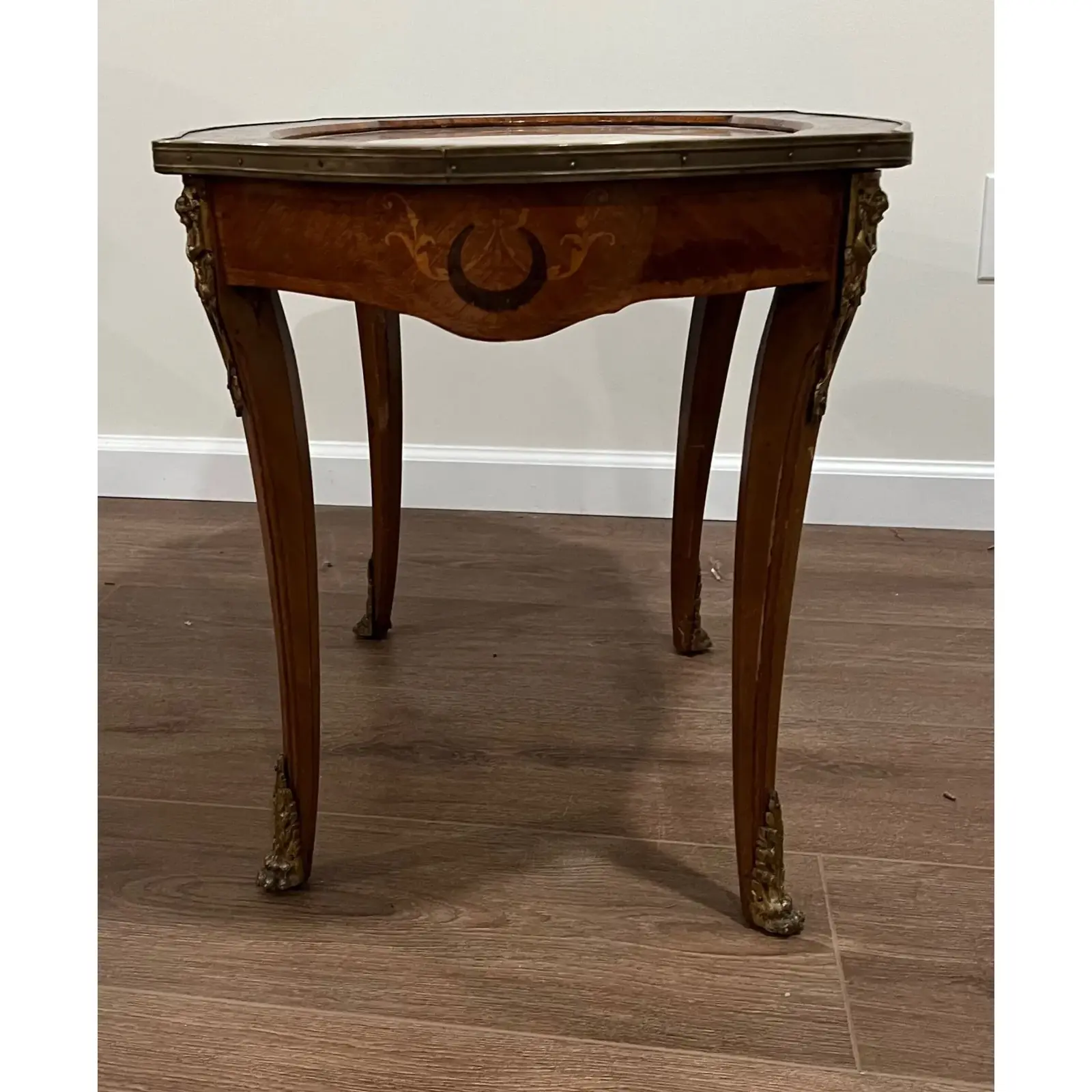 1930s Vintage French Inlaid Coffee Table With Marble Top - Image 2