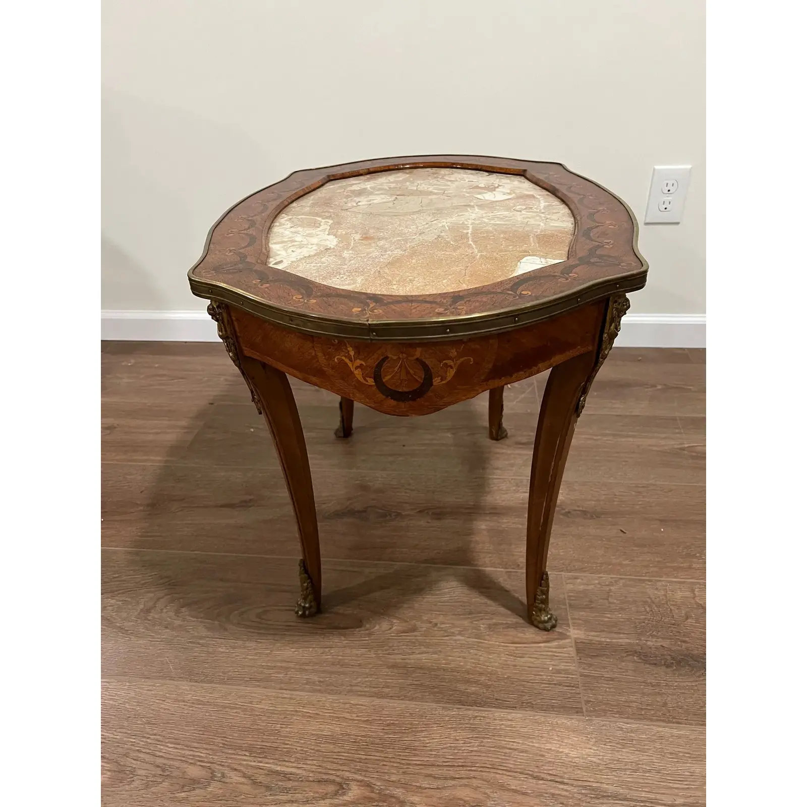 1930s Vintage French Inlaid Coffee Table With Marble Top - Image 3