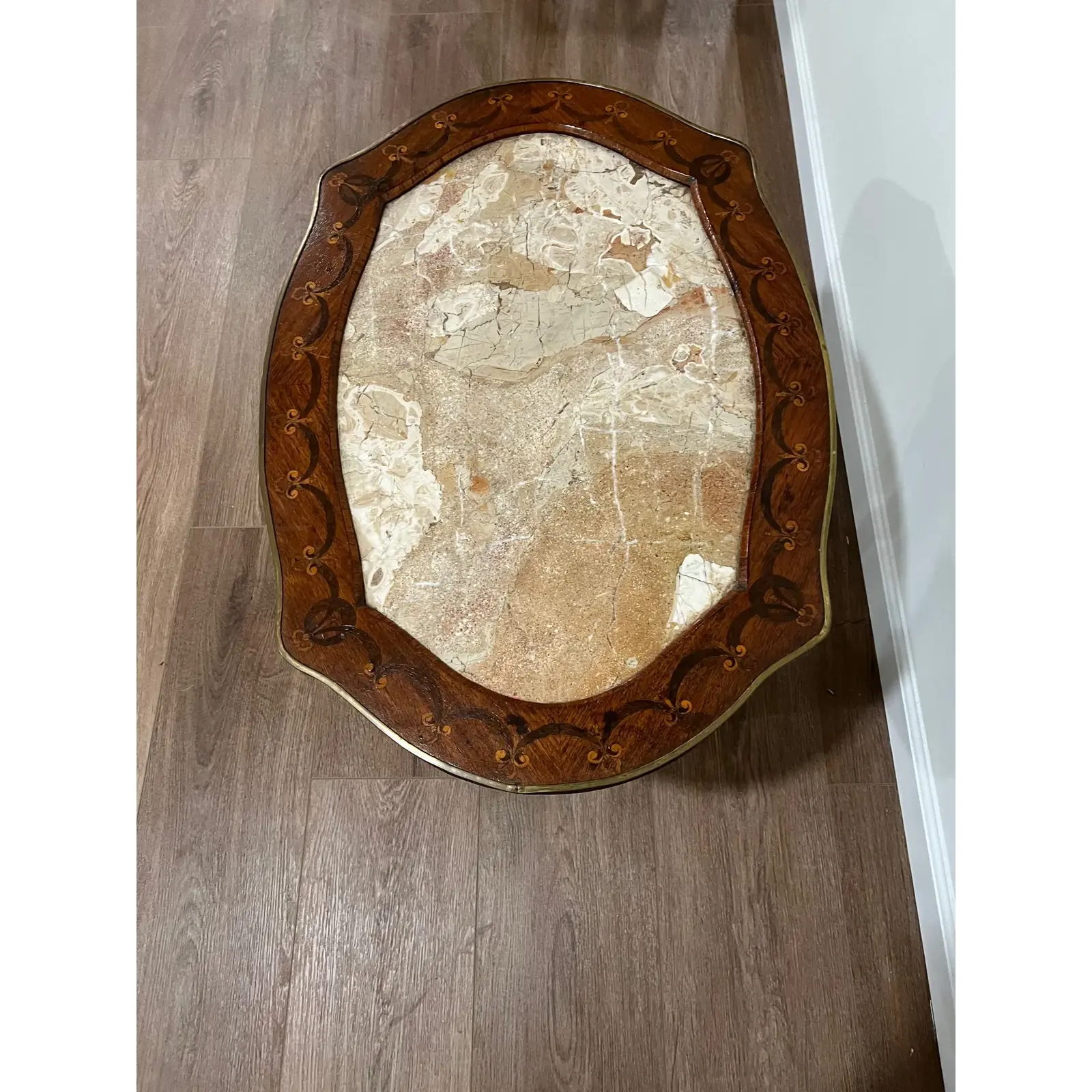 1930s Vintage French Inlaid Coffee Table With Marble Top - Image 5