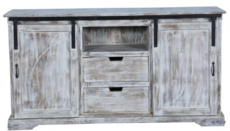 Coastal Whitewash 5' Sliding Door TV Stand Media Cabinet