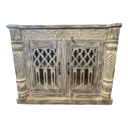 Modern Goth Carved Acacia Wood 2-Door Accent Cabinet