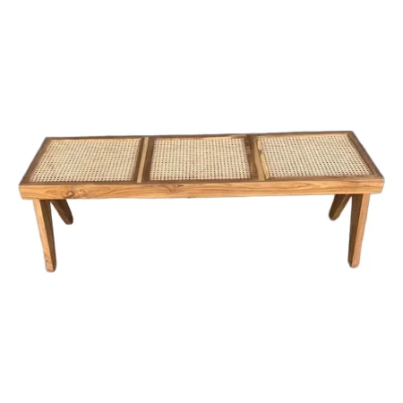 Modern Solid Teak Double Caned Bench