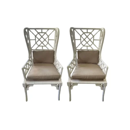 Pair of Coastal Boho Mahogany Pagoda Wingback Armchairs