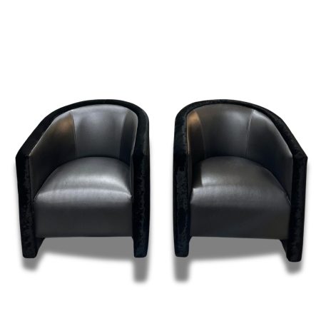 Pair of Black Velvet and Vinyl Club Chairs