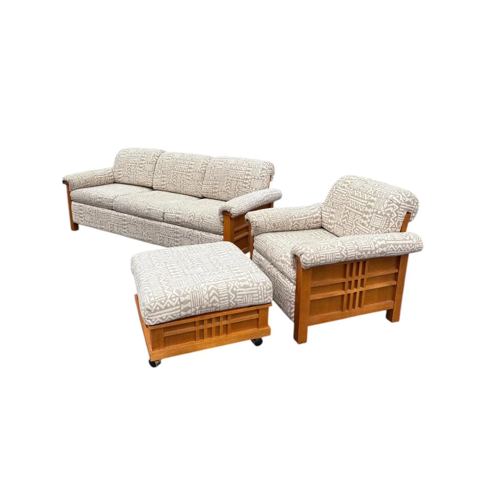 1950s Vintage Beige & Cream Sofa, Chair & Ottoman Set- 3 Pieces - Image 4