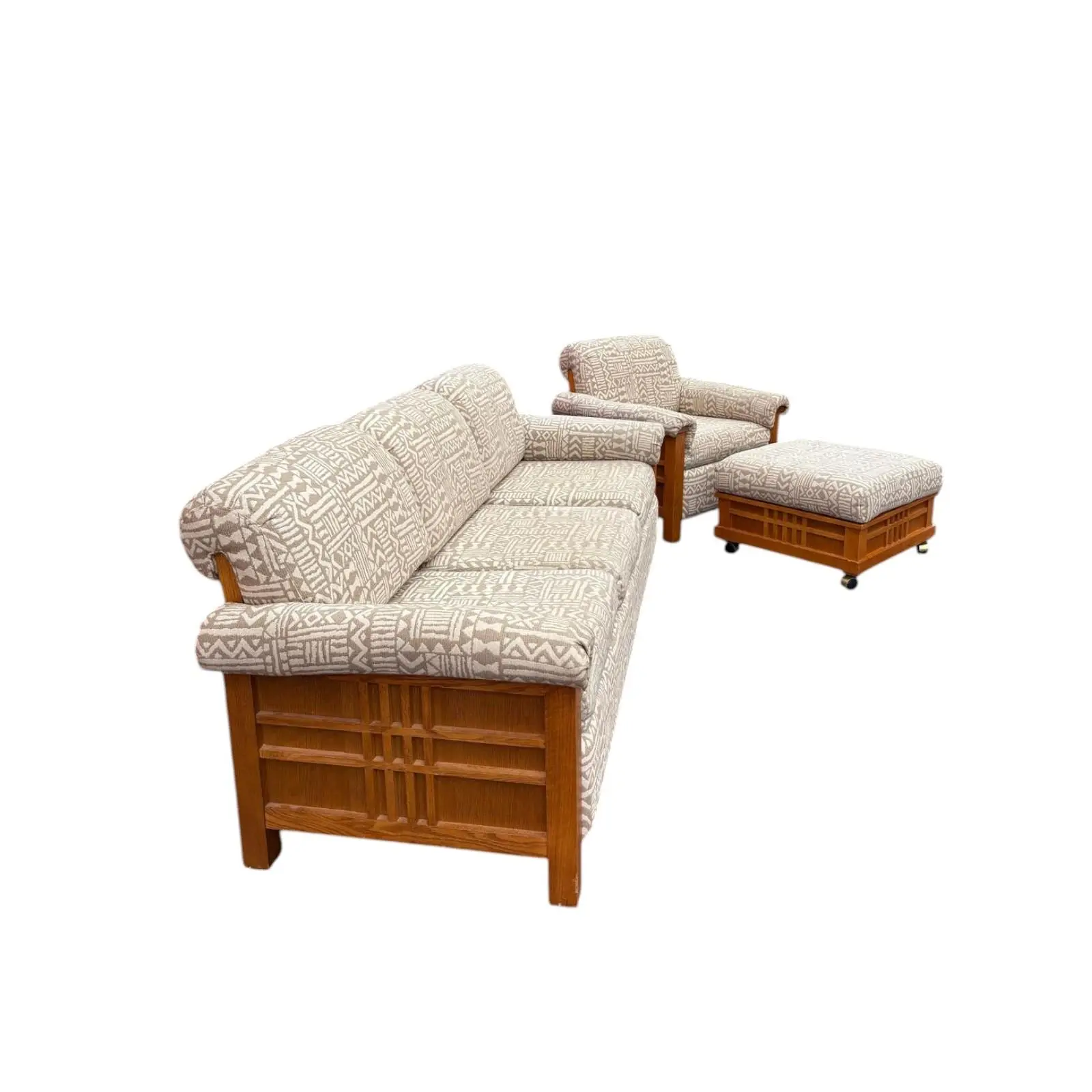1950s Vintage Beige & Cream Sofa, Chair & Ottoman Set- 3 Pieces - Image 5