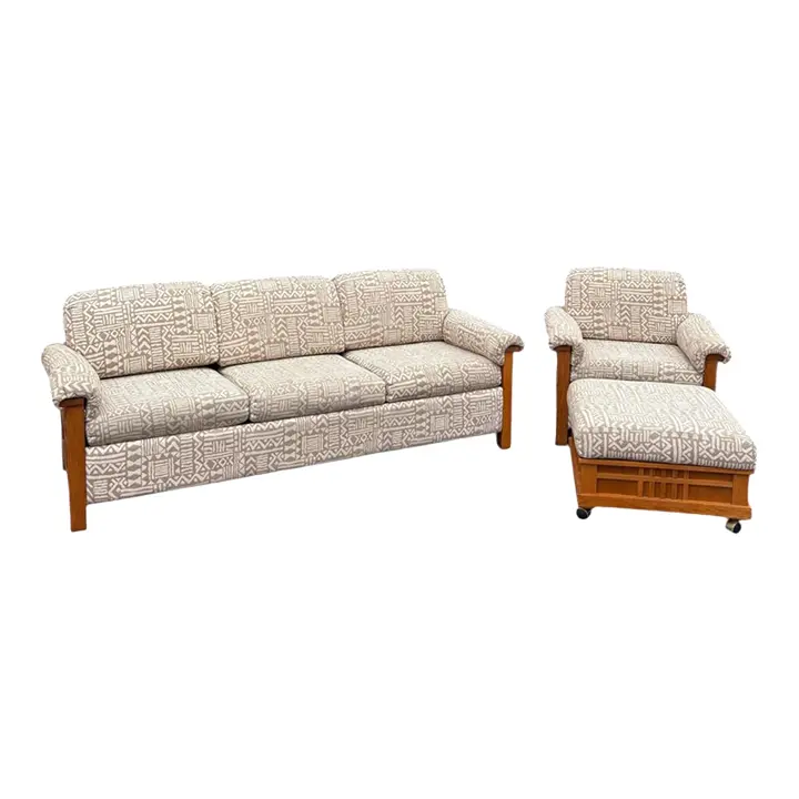 1950s Vintage Beige & Cream Sofa, Chair & Ottoman Set- 3 Pieces - Image 2