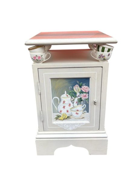 Charming Hand-Painted White Side Table with Teacup Accents