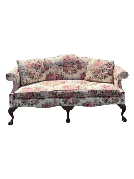 Vintage Floral Humpback Sofa with Carved Claw-and-Ball Feet